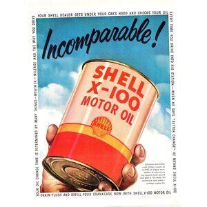 1950 Shell X-100 Motor Oil Can Vintage Print Ad Mechanic Hand 50s Wall Art